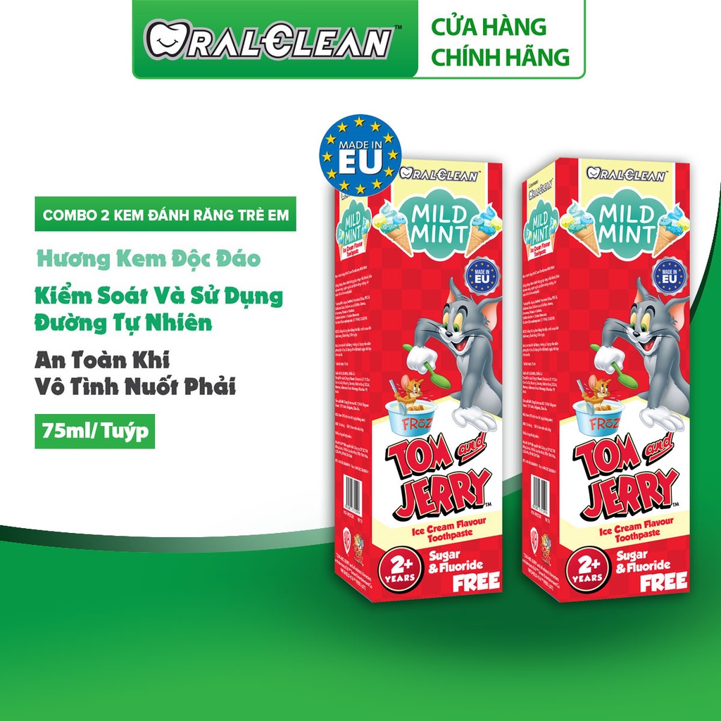 Combo 2 kem đánh răng trẻ em Oral Clean Tom&amp;Jerry Mild Mint (75ml/tuýp)