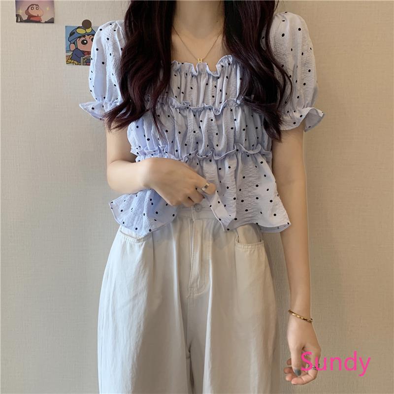 Áo Sơ Mi Tay Ngắn Họa Tiết Chấm Bi Phong Cách Hàn Quốc Cho Bé Gái