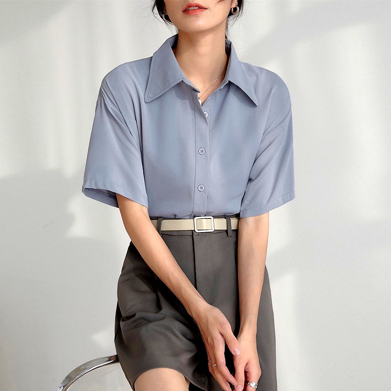 Áo sơ mi nữ tay ngắn form rộng trắng, kem, nâu kiểu sáng basic, áo cộc tay dáng suông rộng mặc đi học đi chơi đi làm | BigBuy360 - bigbuy360.vn