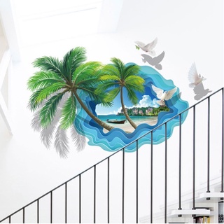Decal trang trí tường - Cửa sổ 3D cảnh bãi biển và 2 cây dừa