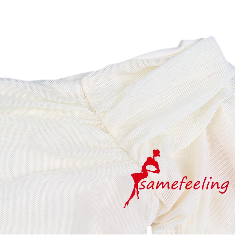 Sf-Phụ nữ mùa hè Top Pure tiếp xúc vai lưới dài tay áo xếp li mỏng áo thun ngắn Màu đặc