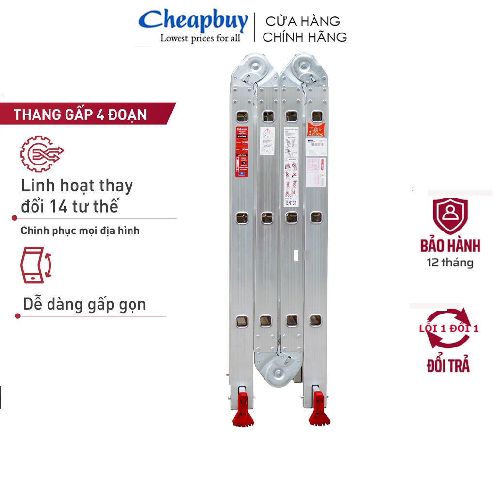 Thang nhôm gấp đa năng 4 đoạn cao 3,7m nhập khẩu FUJIHOME ML103 , thang chữ M xếp gọn 4 khúc, bảo hành 1 năm