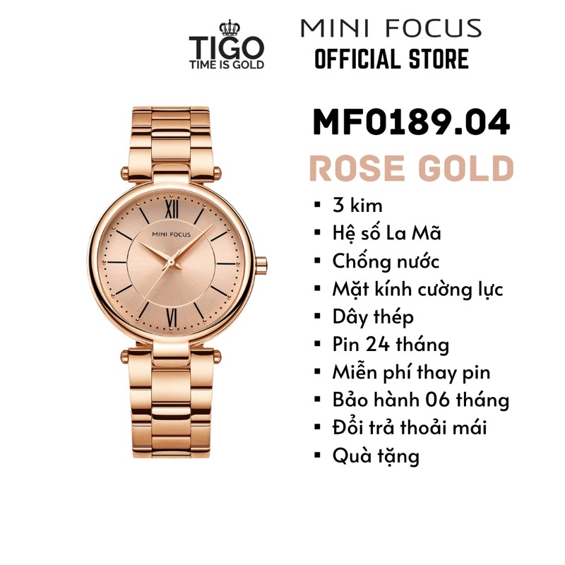 Đồng hồ nữ MINI FOCUS MF0189L.04 dây thép viền thép không gỉ màu vàng hồng 3 kim hàng chính hãng cao cấp Nhật Bản