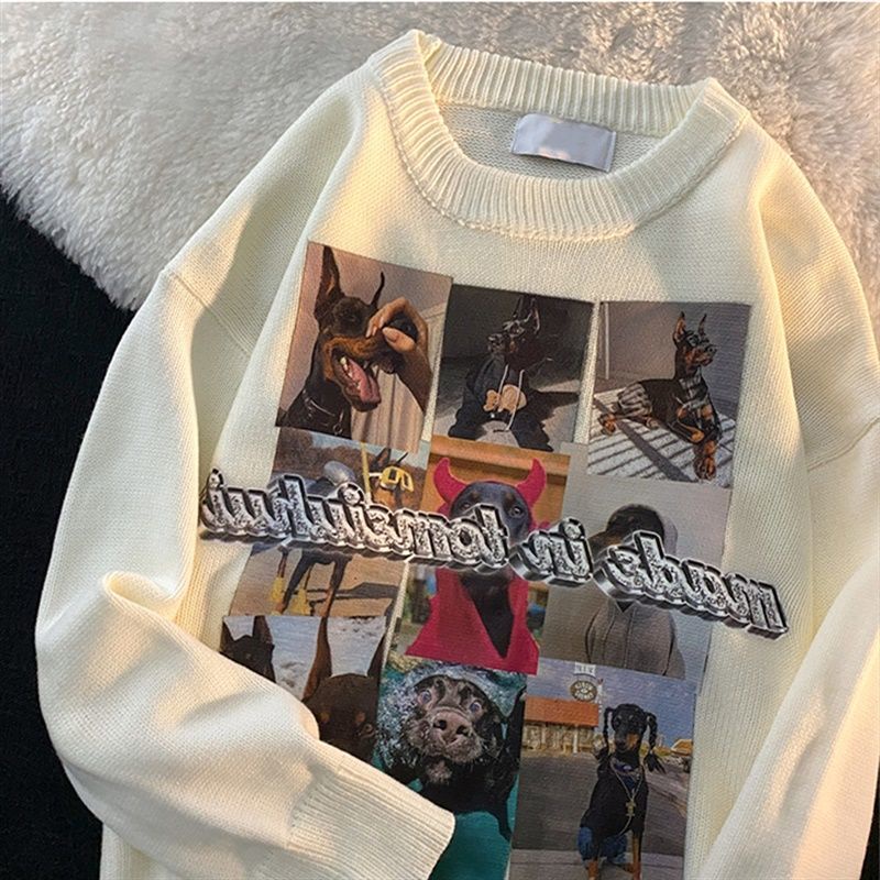 Áo sweater cổ tròn in họa tiết kiểu retro Mỹ thời trang thu đông cho nam 2021