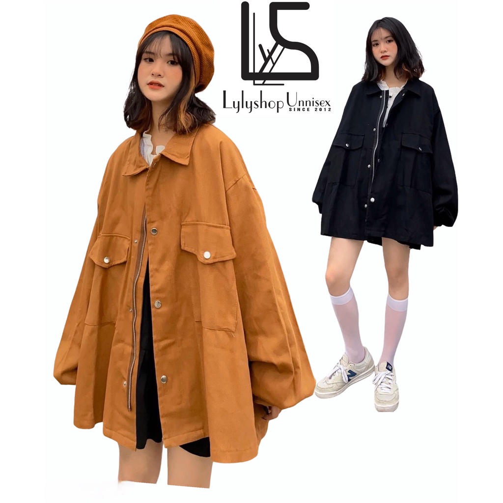 Áo khoác kaki LylyshopUnisex, kiểu áo jacket khoác dáng rộng unisex nam nữ từ 40kg tới 80kg với chất liệu kaki 2 lớp - H