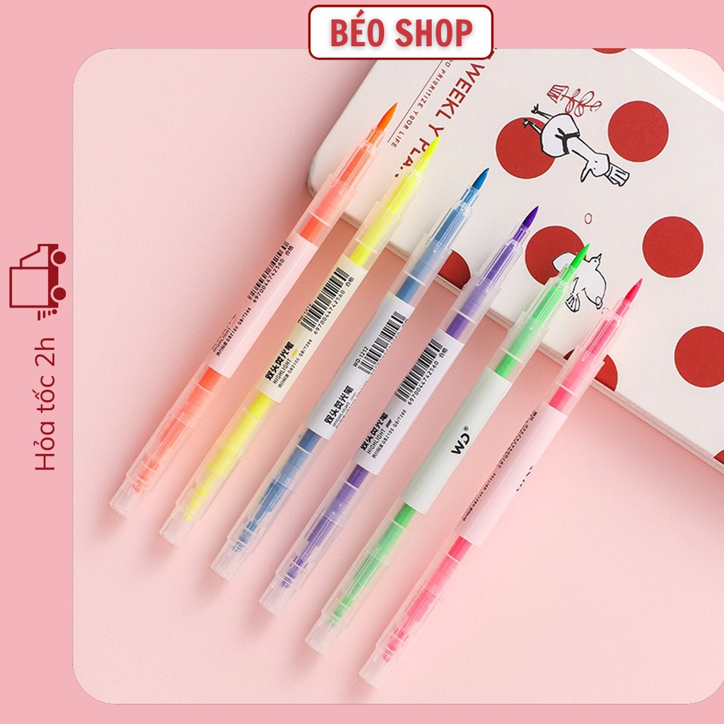 Set bút dạ quang highlight 2 đầu Béo shop , bút ghi chú đánh dấu nhiều màu marker dễ thương B08