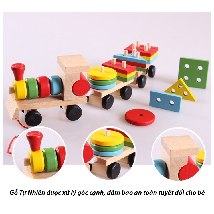 Đoàn tàu thả khối - Đồ chơi Montessori phát triển trí tuệ cho bé 1 tuổi chất liệu gỗ an toàn giúp trẻ nhận biết màu sắc