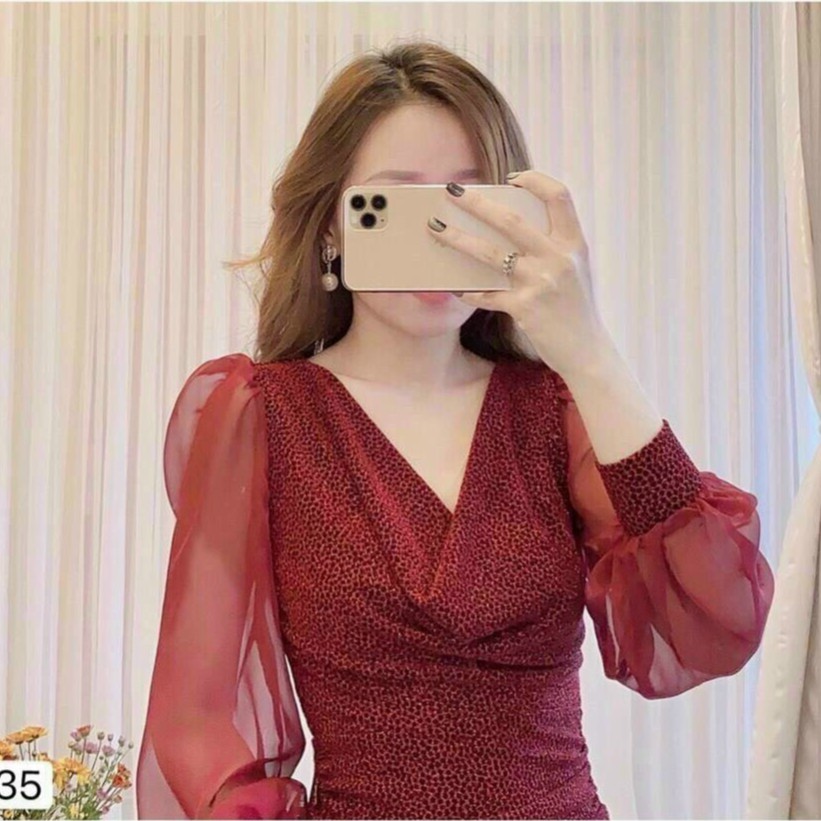 Đầm Body Phối Tay Voan Cổ Đổ