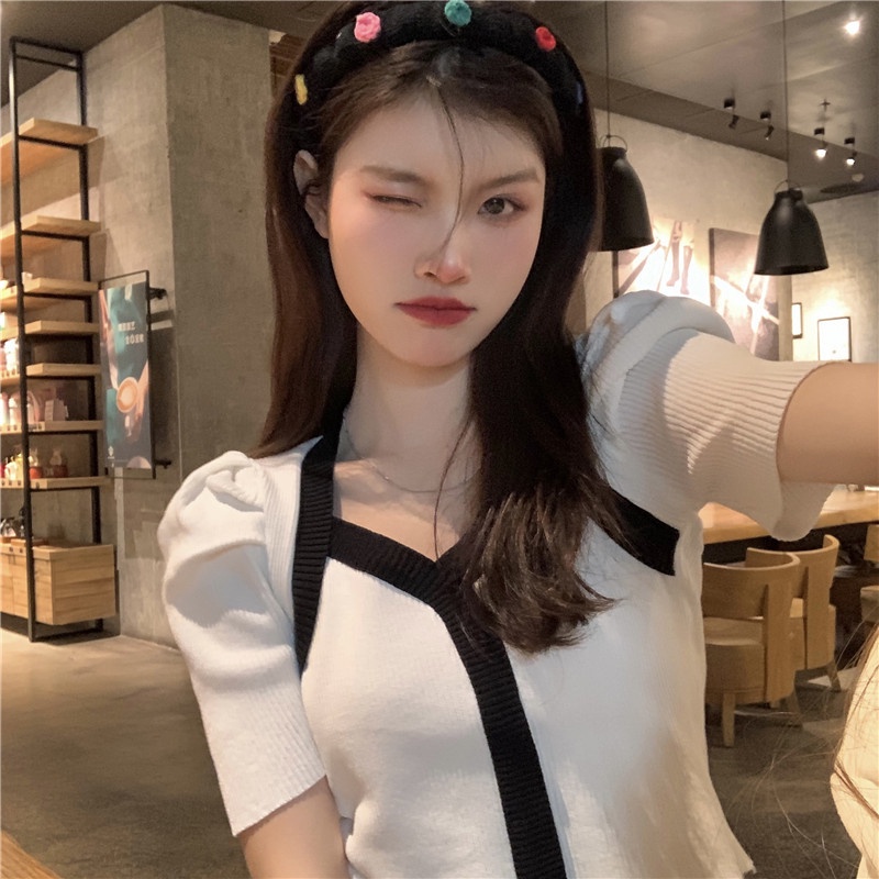 Áo dệt kim tay ngắn cổ chữ V dễ phối đồ hợp thời trang tùy chọn màu sắc hàng QC chất đẹp loại 1