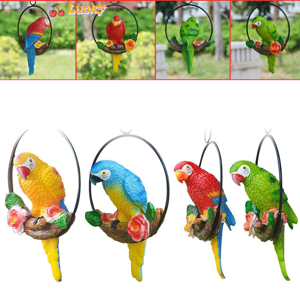 LUCKY Garden Decor Bird Statues Perching Hanging Sculpture Parrot Statue Artificial Iron Ring Home Garden Resin Lawn Ornament/Multicolor