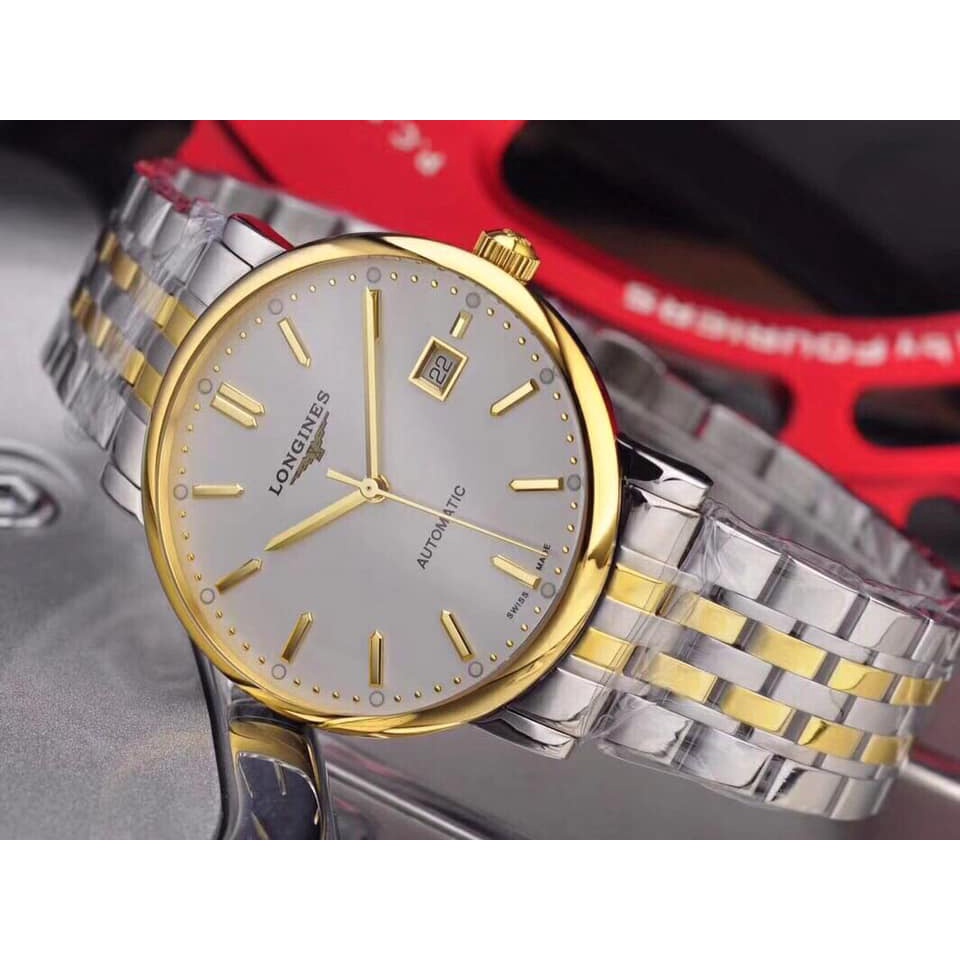 Đồng hồ Nam Longines máy cơ automatic máy Nhật mỏng cao cấp 3kim 1 lịch măt trắng vỏ vàngcao cấp 39 mm
