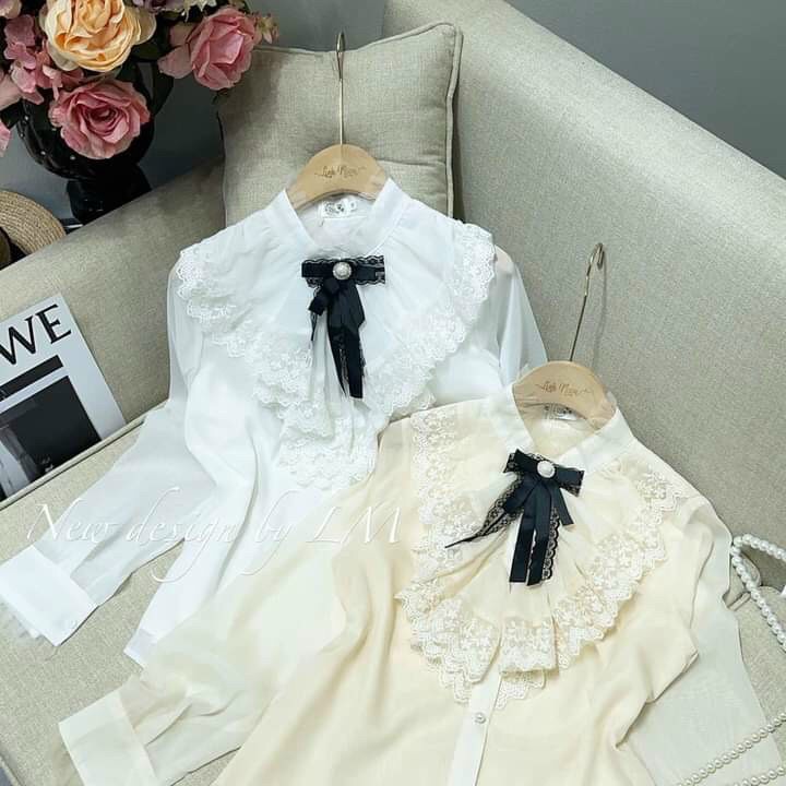 Áo sơ mi tay bồng cổ nơ khuy ngọc tiểu thư, stye hàn quốc vải 2 lớp dày dặn mềm mịn | BigBuy360 - bigbuy360.vn