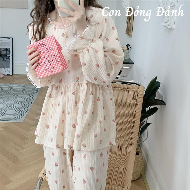 Đồ ngủ Nữ tiểu thư họa tiết ren dài tay Hàn Quốc ullzang DN031 chất đũi mỏng cotton 100%