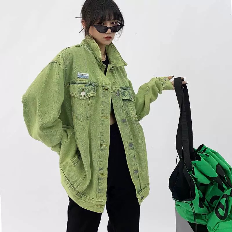 IELGY   Áo Khoác denim Dáng Rộng Màu Xanh Lá Kiểu retro Cá Tính Cho Nữ