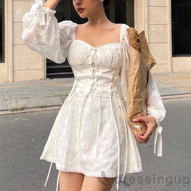 DRE-Women Summer Short A-line Dress,Mesh Sheer Puff Sleeve Square Neck Dress