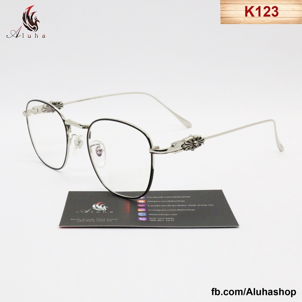Gọng kính mạ Titan Chrome Heart chống ánh sáng xanh họa tiết hoa Iris bên hông cực nét - K123 - Aluha