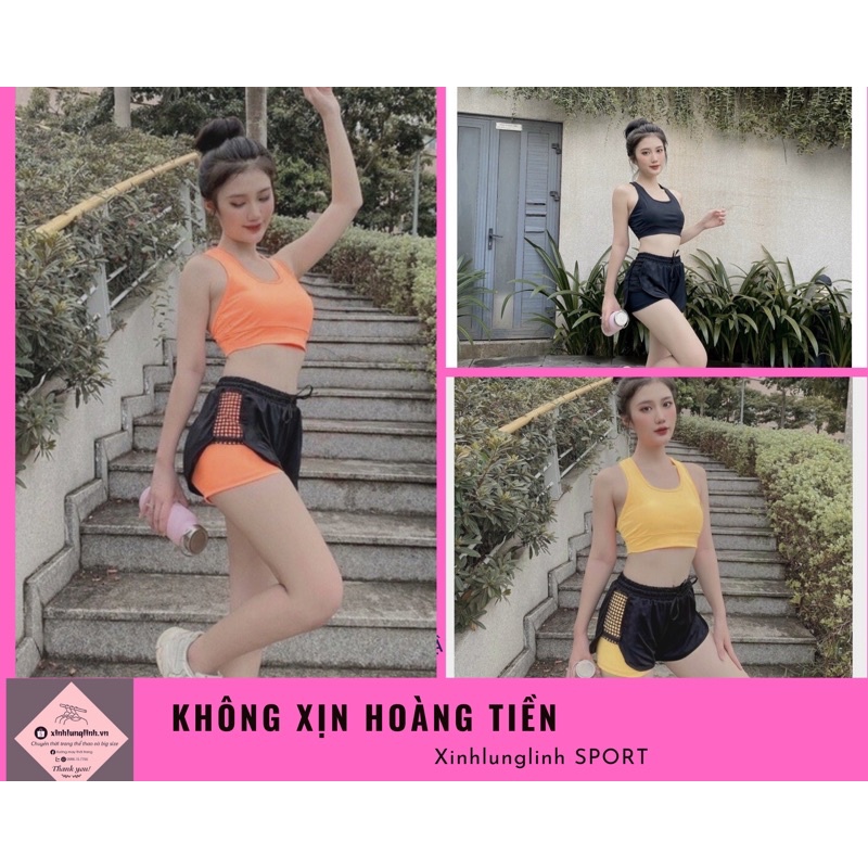 Bộ tập gym-yoga nữ chất poly lạnh vãi mềm mịn kèm mút ngực (sét đùi gym)