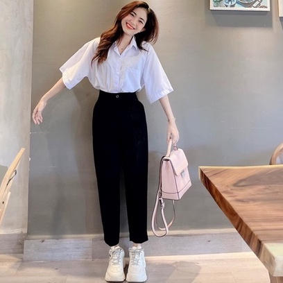 Quần tây đen nữ lưng cao dáng dài đi học màu xanh đen vải mềm ống đứng Quần tây âu baggy nữ cạp cao bigsize công sở làm