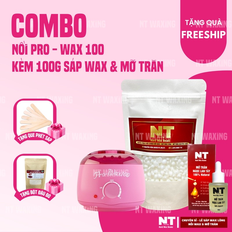 Combo triệt lông nồi nấu sáp wax lông PRO-WAX 100 kèm 100g wax beans và mỡ trăn, wax lông tay, chân, nách, bikini, râu