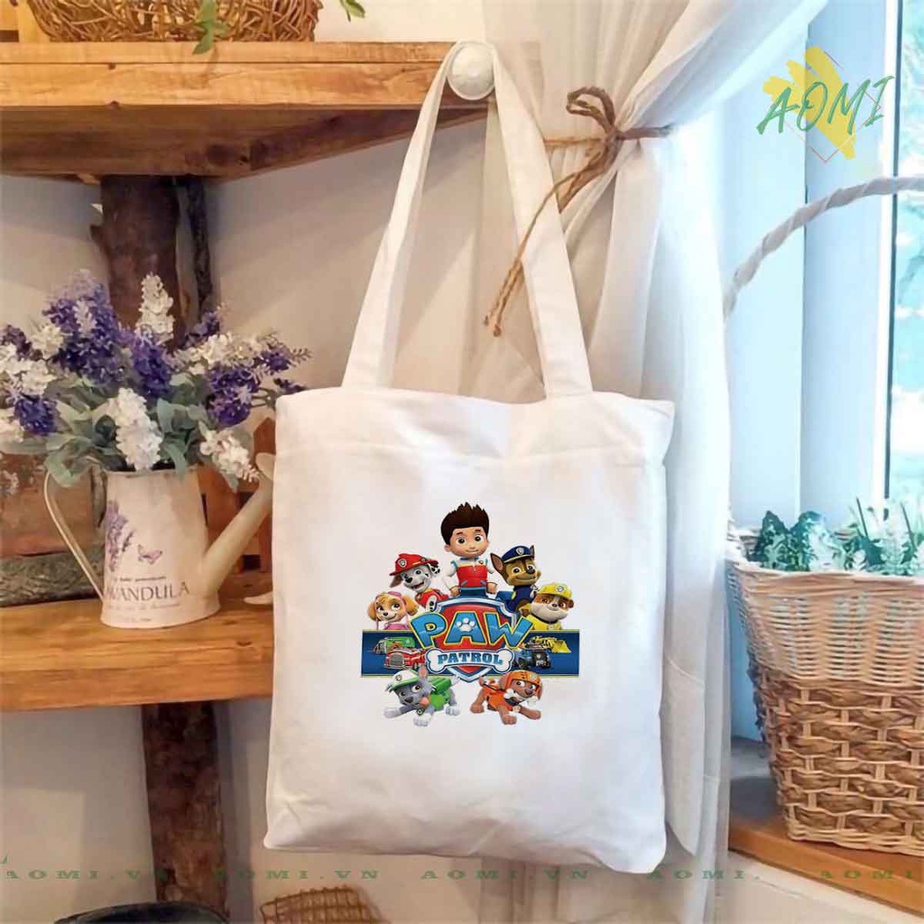 TOTE CANVAS đội chó cứu hộ trẻ em TÚI VẢI ĐEO VAI BAG CÓ KHÓA KÉO SIZE LỚN 33x38cm AOMIVN DU LỊCH DẠO PHỐ