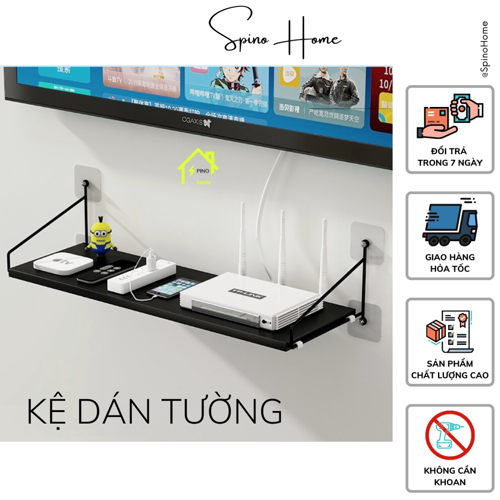 Kệ treo tường móc dán Spino home chắc chắn không cần khoan, để wifi có tặng kèm móc dán siêu dính