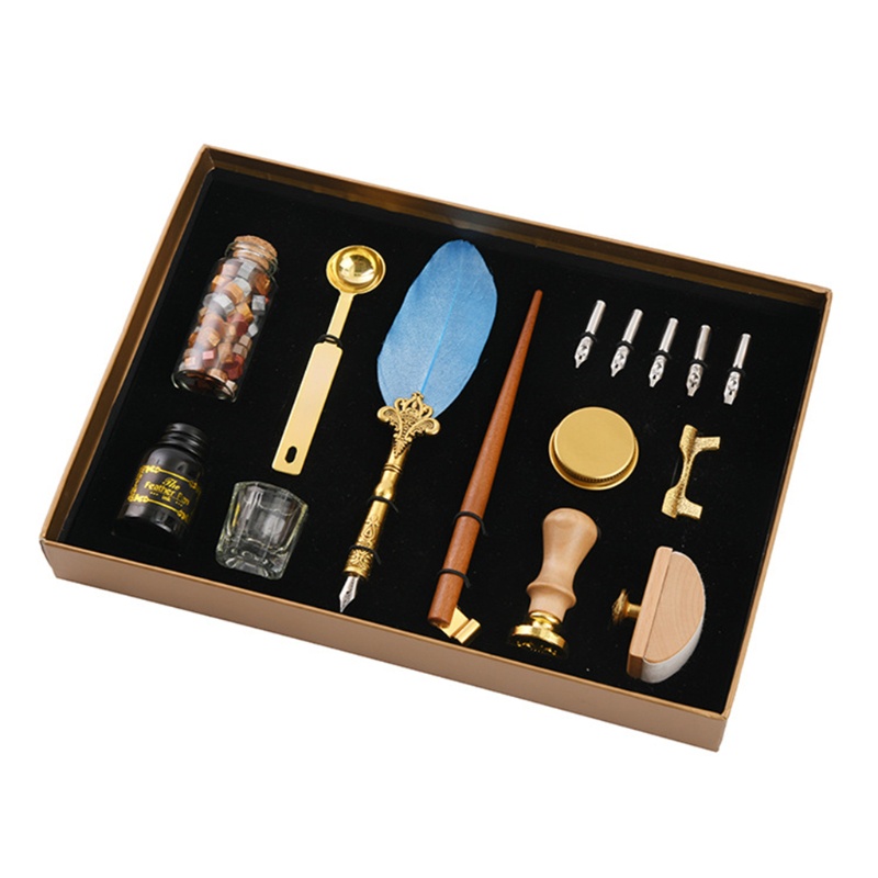 Hộp Đựng Bút Thư Pháp Hình Lông Vũ Cổ Điển Kèm Ngòi Sáp Và Giá Đỡ Con Dấu Niêm Phong Dành Cho Trường Học