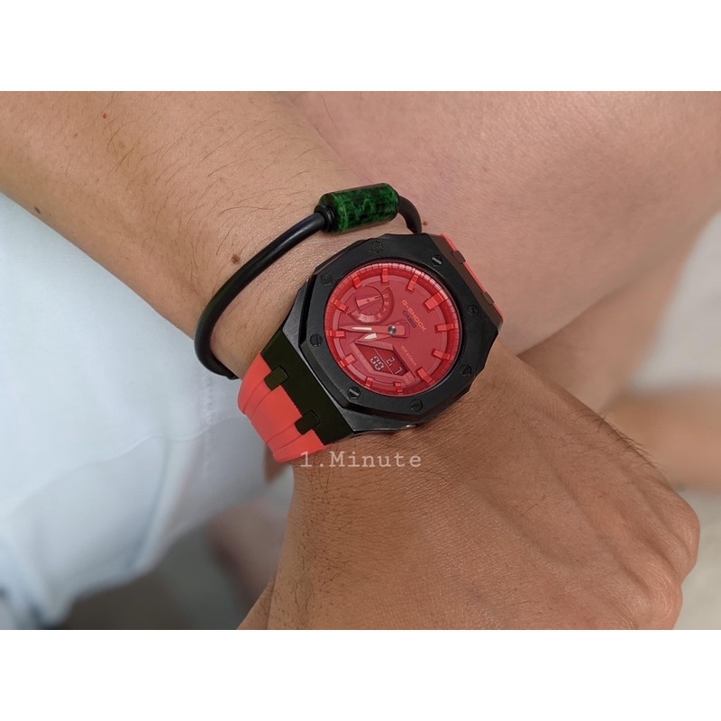 Đồng hồ nam GA-2100 custom vỏ thép đen dây cao su đỏ
