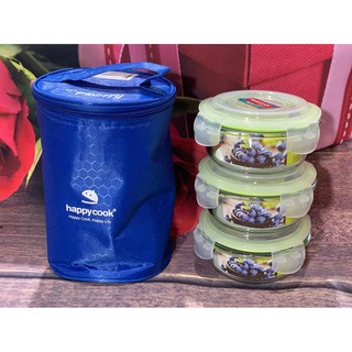 Bộ 3 hộp thủy tinh tròn kèm túi giữ nhiệt happy cook hcg-03ce