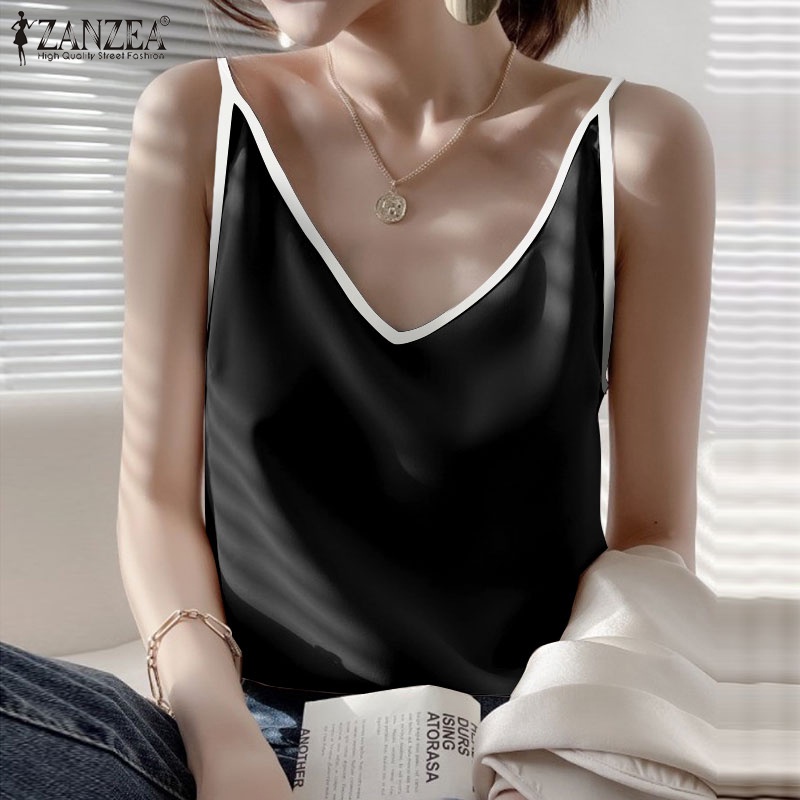 Áo hai dây ZANZEA cổ chữ V vải satin màu tương phản phong cách Hàn Quốc cho nữ