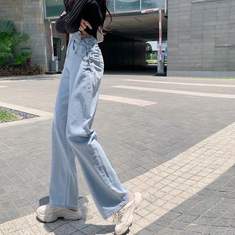 {HCM / CÓ SẴN} QUẦN JEAN NỮ ỐNG RỘNG ĐAN XÍCH HÔNG QQ03 THỜI TRANG NỮ ULZZANG HÀN QUỐC