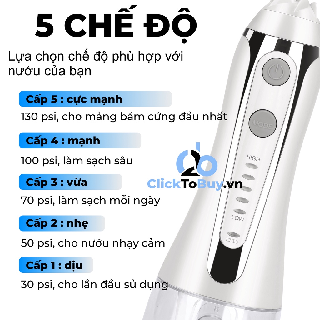 Tăm nước cầm tay H2ofloss HF6, phiên bản nâng cấp với nút mở bình nước. Tặng kèm củ sạc