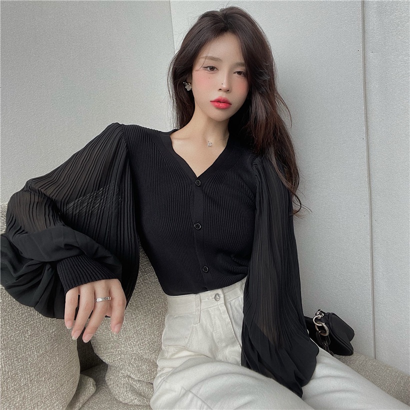 QKOOLE  Áo khoác cardigan dệt kim tay phồng dáng rộng phong cách Hàn Quốc thời trang cho nữ