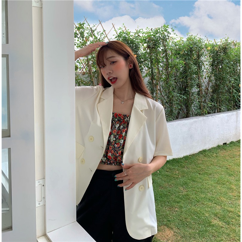 Áo vest Blazer Nữ Ngắn tay Form rộng Dáng dài Áo Blazer 4 cúc Màu trơn Phong cách Hàn Quốc Ulzzang Thời trang