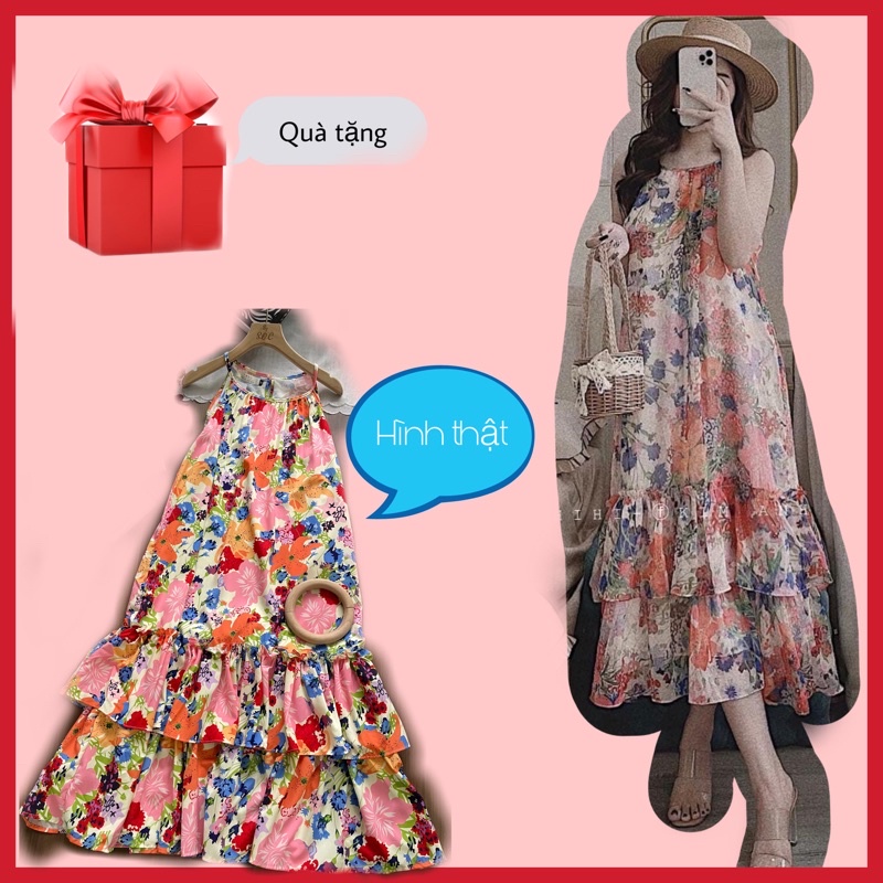 (HÀNG SHOP) Váy maxi - Đầm maxi hoa cổ yếm ,Đầm Yếm Hoa Suông Maxi Đuôi Cá