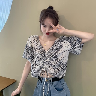 Áo Croptop Voan Tay Phồng Hoạ Tiết Hoa Phong Cách Retro