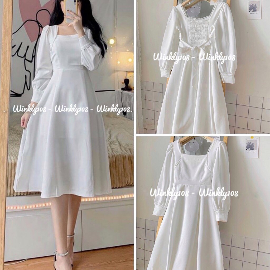 Đầm - Váy trắng maxi viền ren hạt thắt nơ tiểu thư siêu xinh