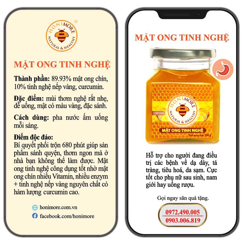 Set 2 hũ Mật ong tinh nghệ Honimore 360g - mật ong nguyên chất phối trộn tinh nghệ giúp tiêu hoá tốt