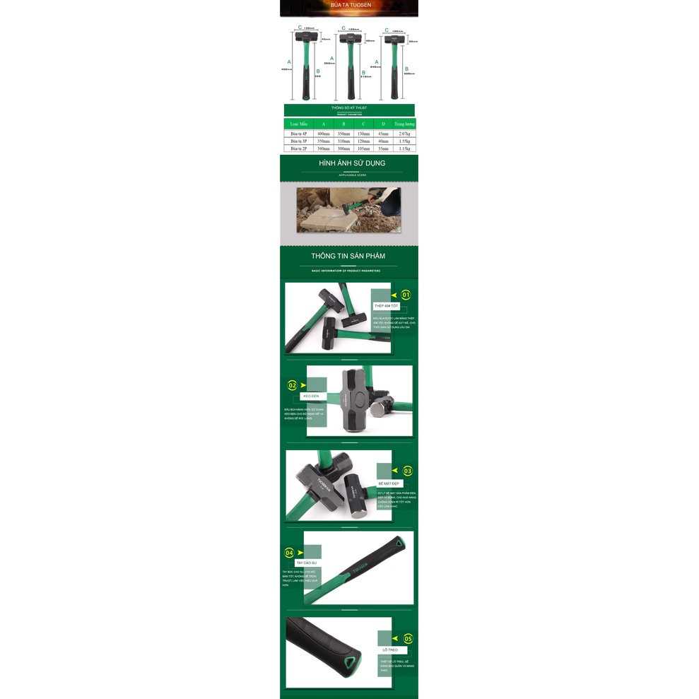 Búa Tạ 1.5kg TUOSEN với tay cầm bọc cao su