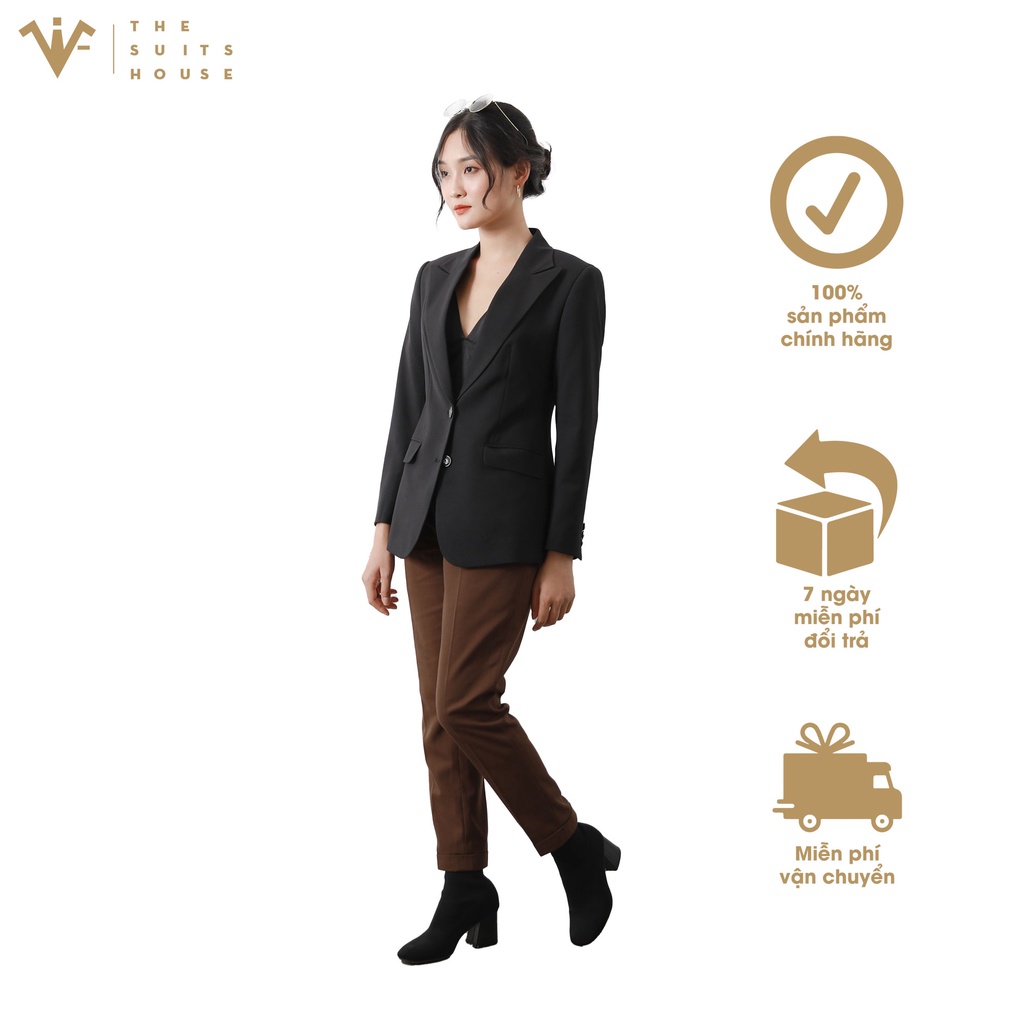 Bộ vest nữ đen phối quần tây nâu đậm 2 khuy 2 túi, suits sartorial chất CASHMERE The Suits House