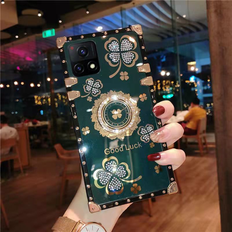 Ốp Điện Thoại Hình Vuông Đính Đá Lấp Lánh Kèm Giá Đỡ Cho Oppo A55 A15 A15S A16 A9 A53 A33 A5s A3s A12 A31 A52