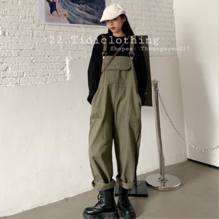 Quần yếm khaki xanh rêu có túi hộp bụng / yếm kaki jean ulzzang