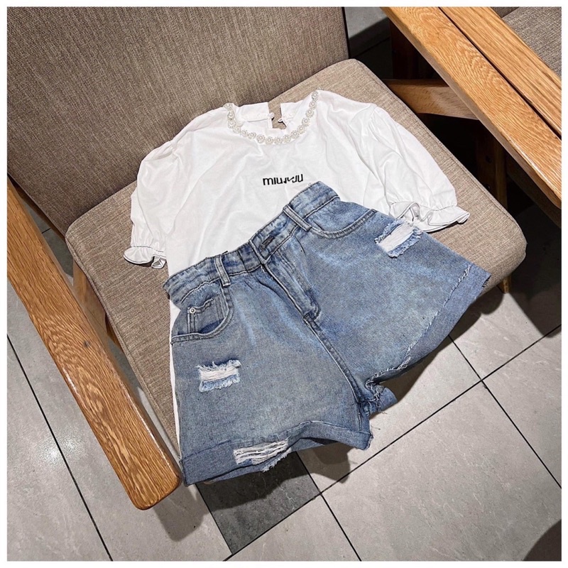 quần short jean rách màu xanh cho nữ