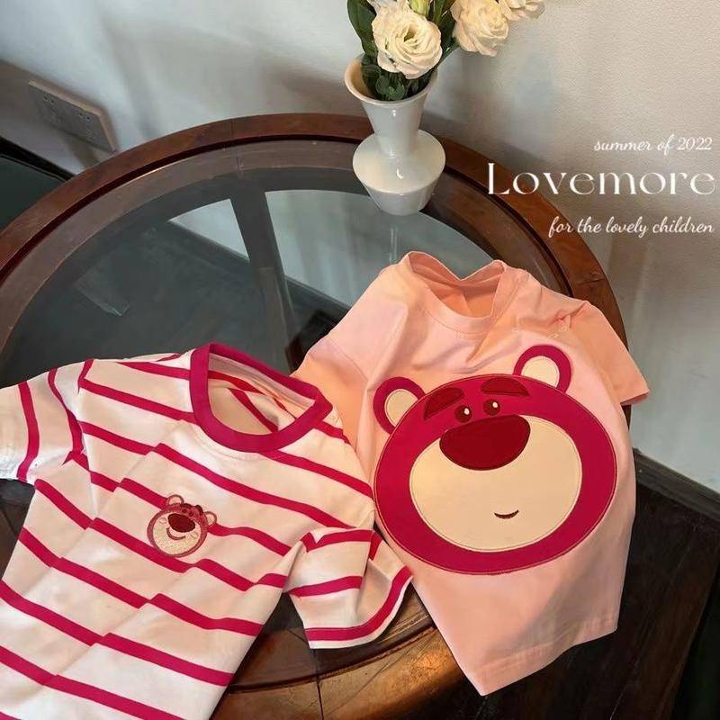 Áo Thun Cotton Tay Ngắn Cổ Tròn Thoải Mái Thêu Họa Tiết Gấu Dâu Hoạt Hình Dành Cho Bé Gái