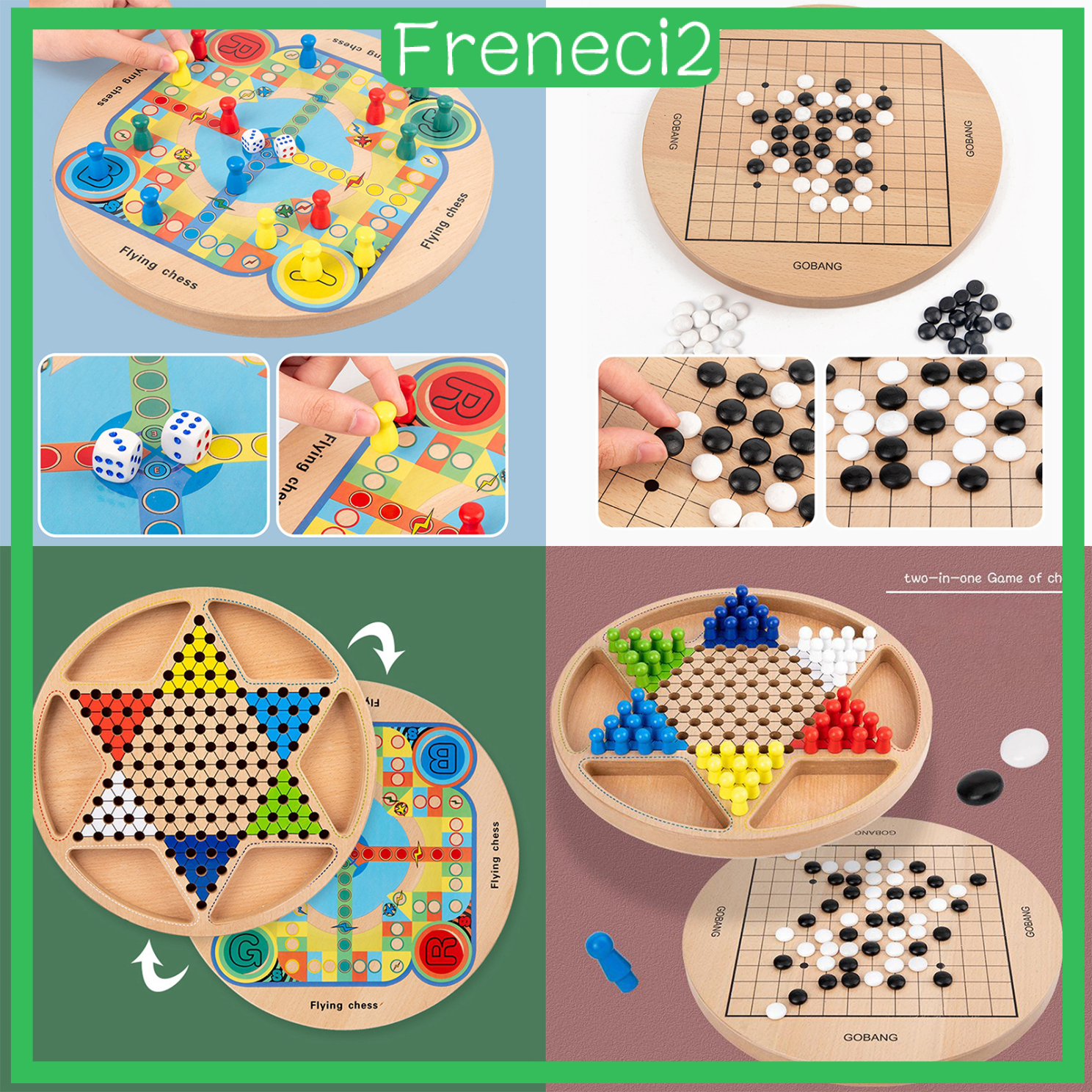 [FRENECI2]2 in 1 Wooden Chinese Checkers Board Game Set with Colorful Pegs Style1