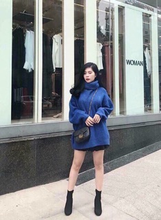 [Tặng Mã 70K – Hàng Chính Hãng] Áo len xanh cao cổ dáng dài (có ảnh thật)