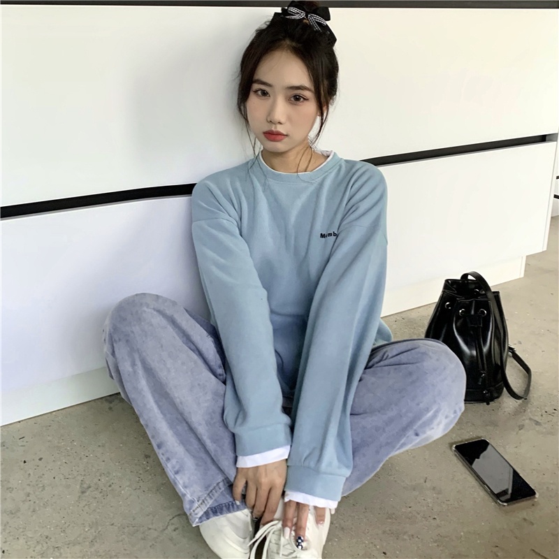 SUXI Áo Sweater Thể Thao Tay Dài Cổ Tròn Màu Sắc Đơn Giản Cho Nữ