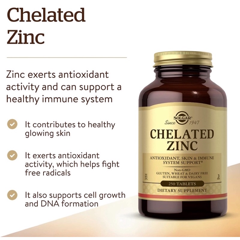 Viên kẽm chay Solgar Chelated Zinc- tăng DNA -chống oxy hóa 250v USA