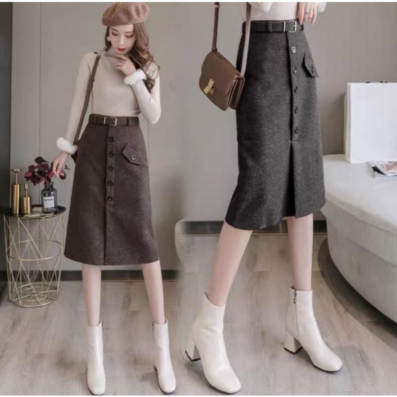 Chân váy dạ công sở, chân váy đai eo phối nắp túi