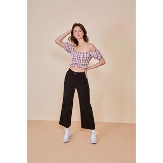 LIBÉ - Quần dài ống rộng vải nhung tăm màu nâu đậm