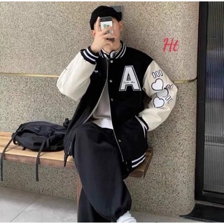 Áo khoác nỉ bomber phối tay trắng chữ A